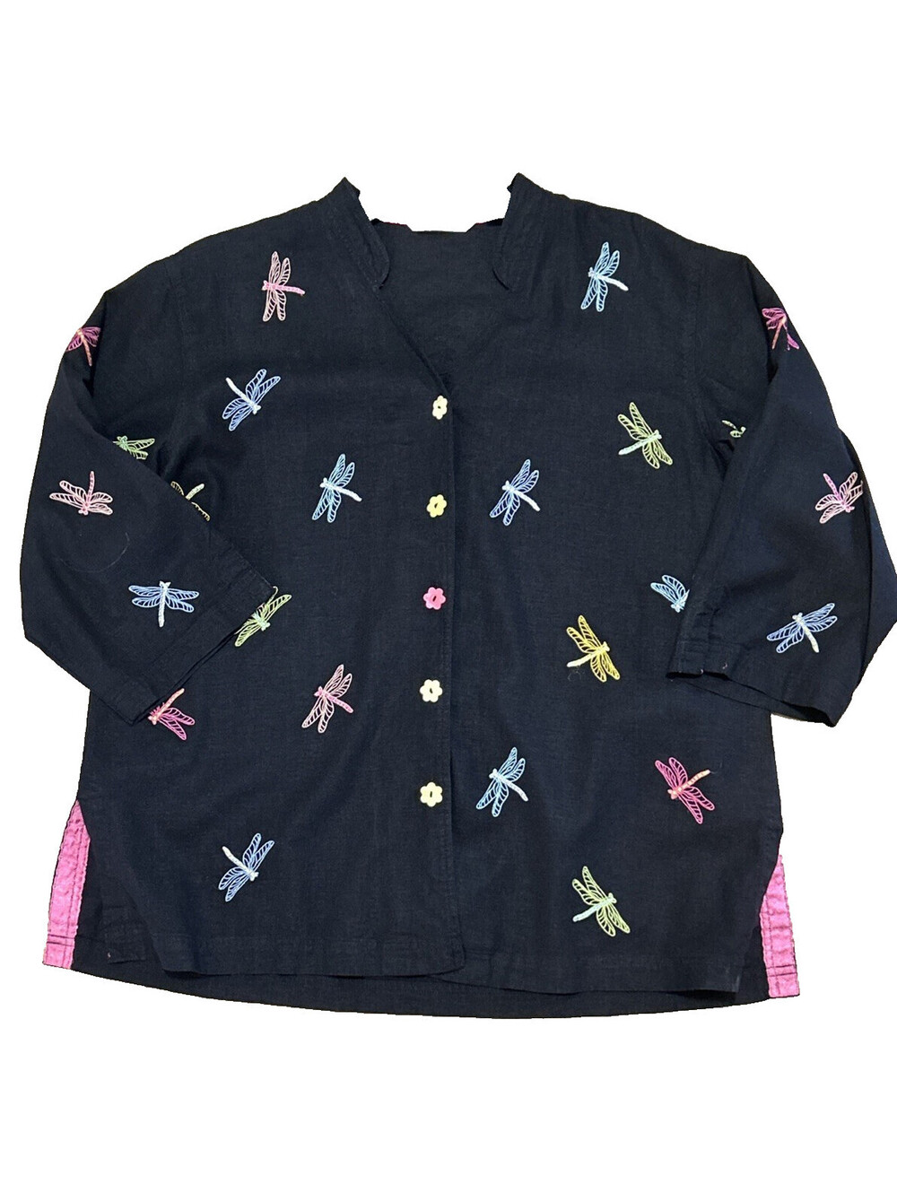 Mureli Size XL Black Linen Blend Embroidered Butterfly Jacket 3/4 SLeeve Button